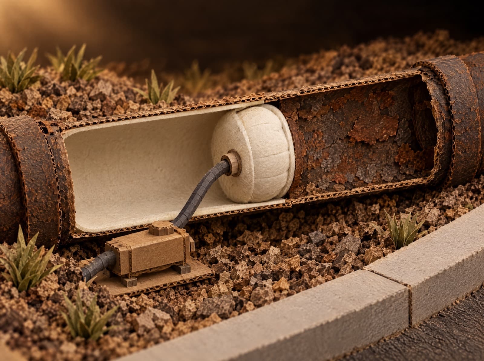 Illustration: papercraft cutaway of an old rusty pipe with a smooth new liner forming inside it, half lined and half still rusty