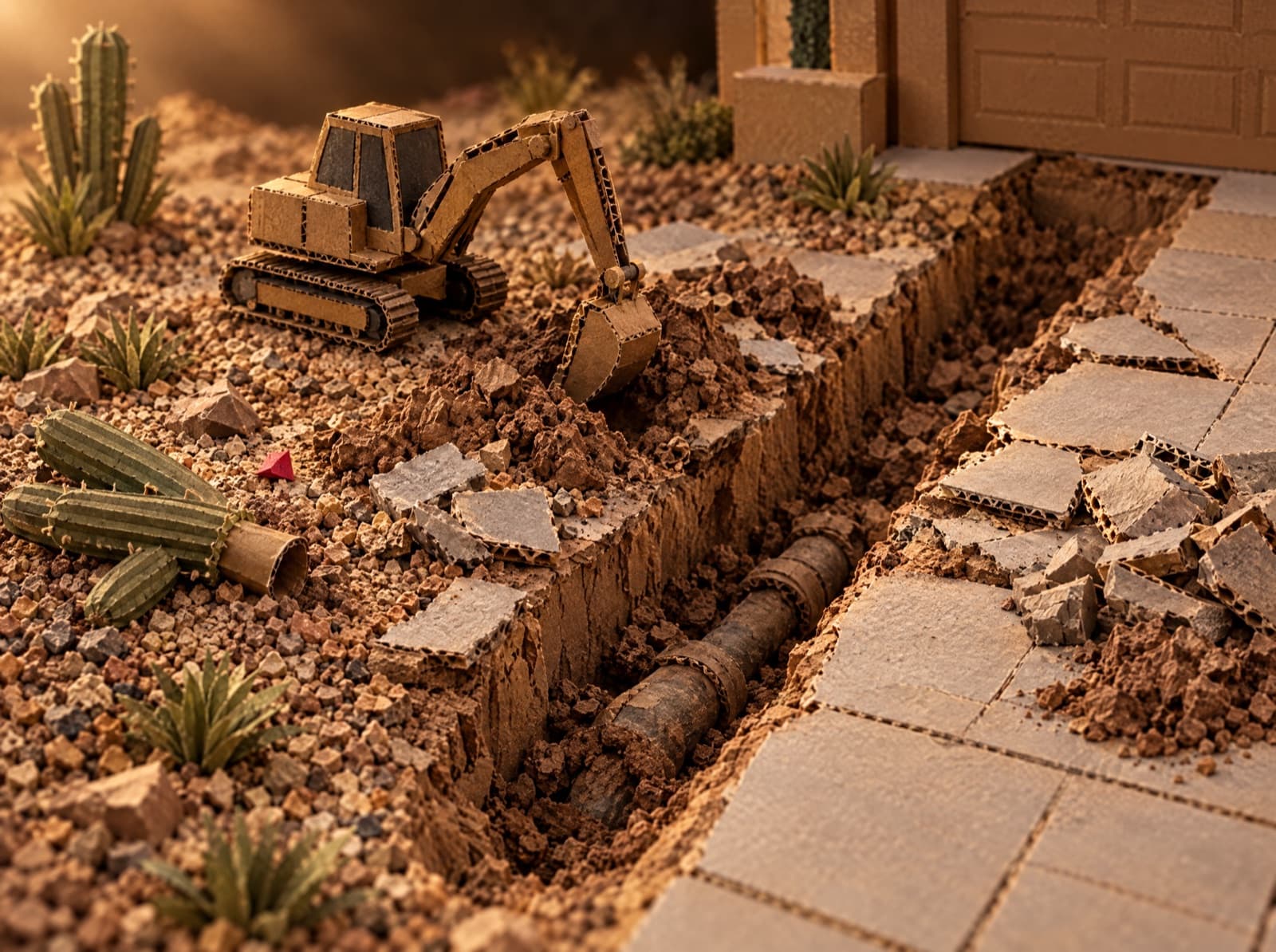 Illustration: papercraft front yard torn up by a long trench dug through the gravel and the driveway