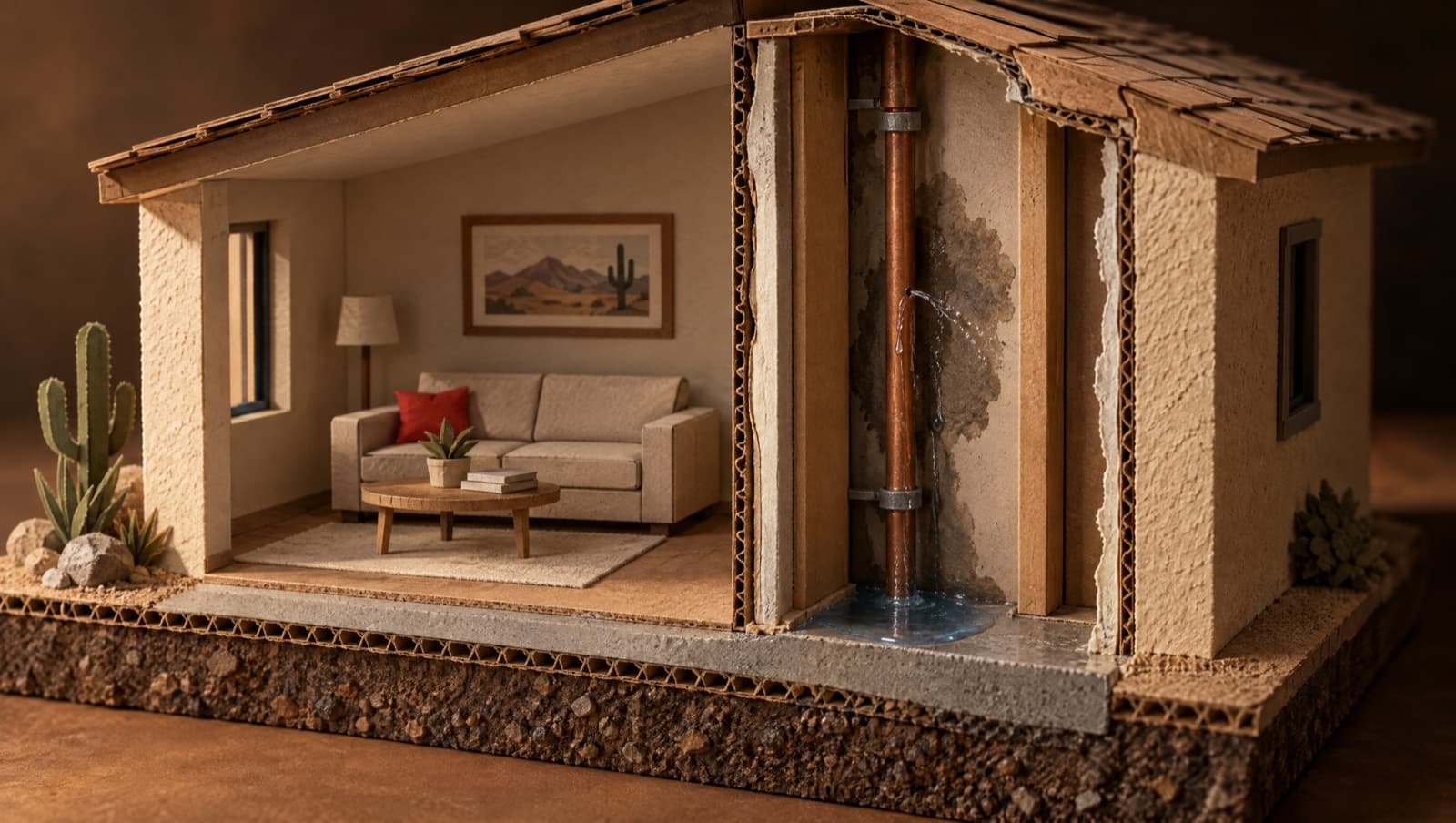Illustration: papercraft cutaway of a house wall with a hidden pinhole leak dripping inside the drywall