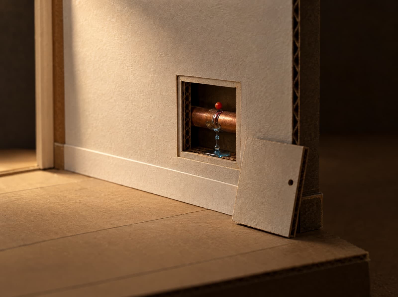 Illustration: papercraft wall with one small, neat opening cut right at the leaking pipe