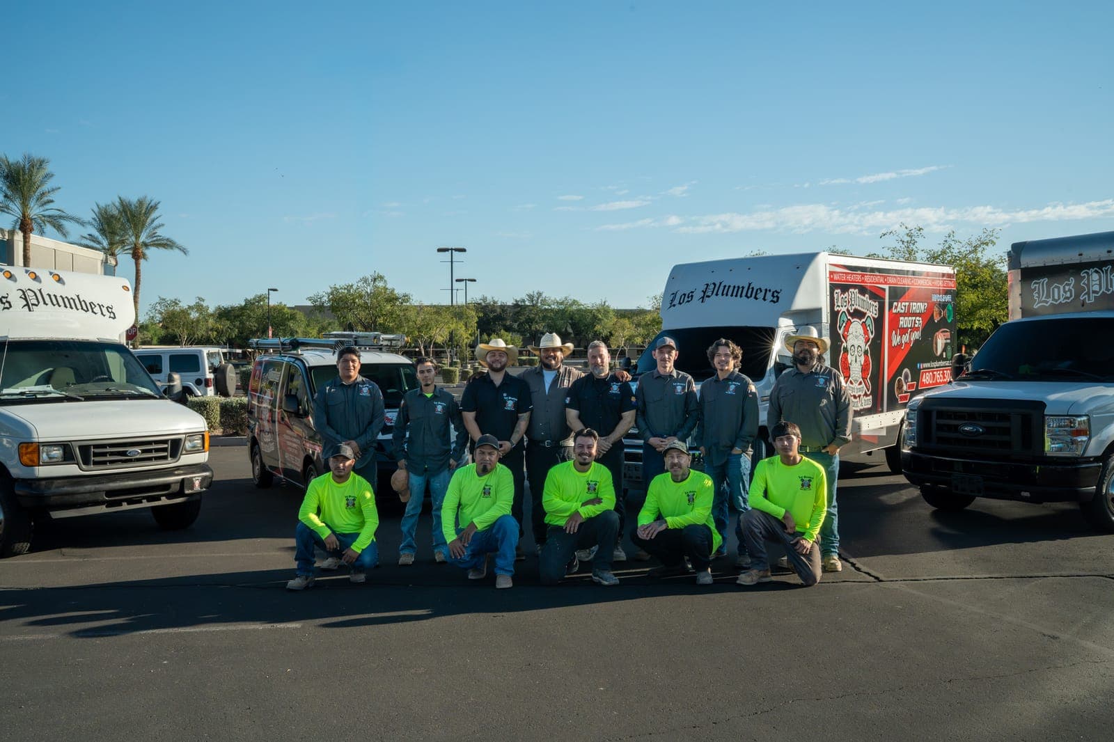 The Los Plumbers team and service fleet in Mesa, Arizona