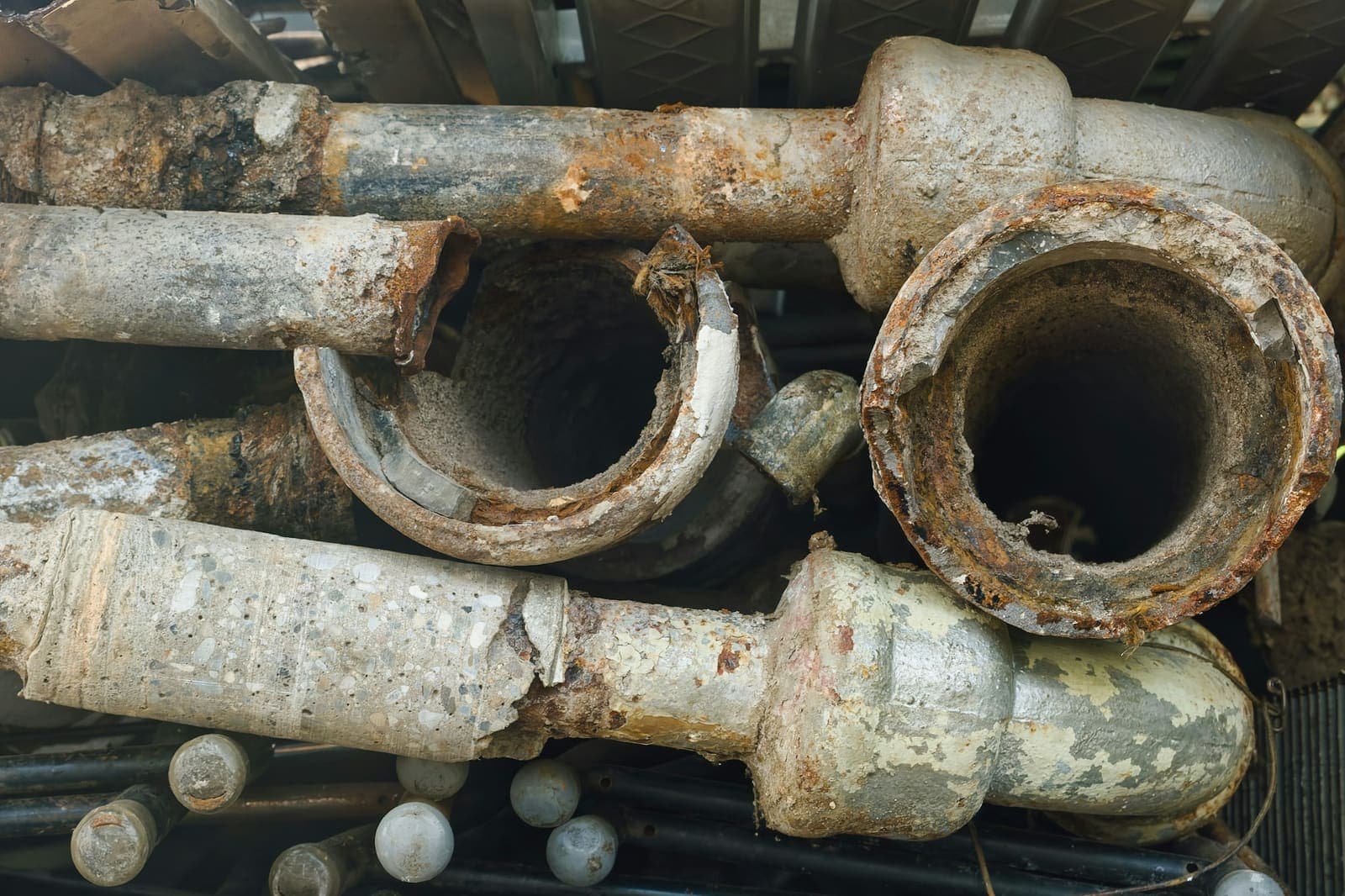 Old corroded pipes and fittings, the inside walls thick with rust and buildup
